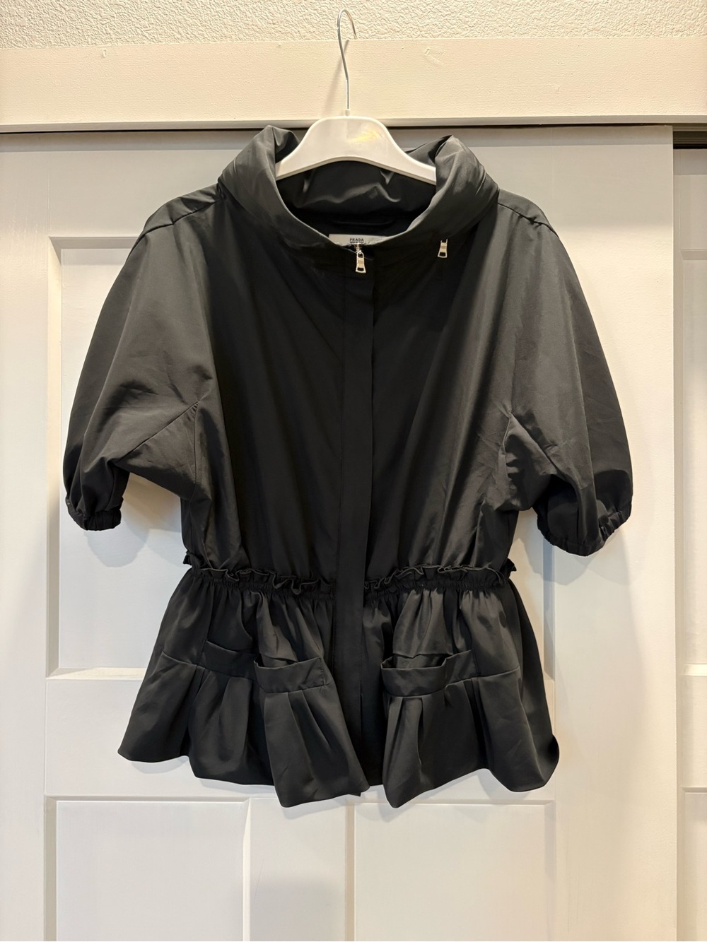 Prada Re-Nylon Peplum Zip Up Top with Hidden Hood